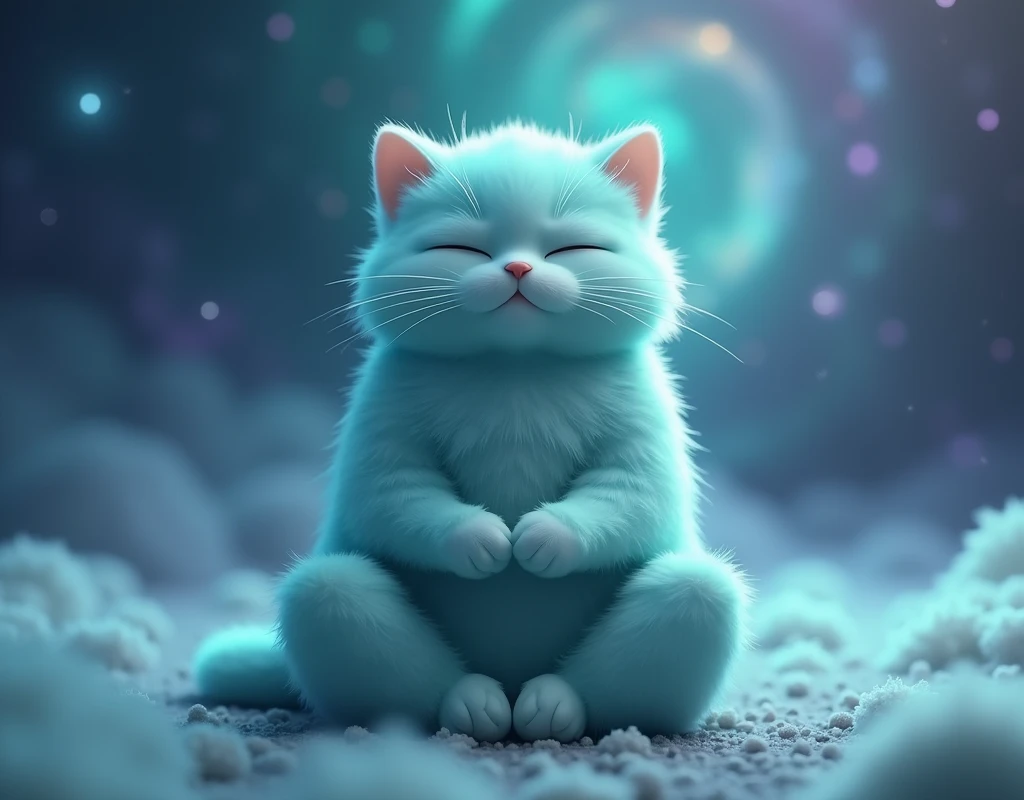 Create a super realistic cat, turquoise, fluffly, with eyes closed, he is meditating, is calm and happy, he is sitting in the lotus position, patinhas perfeitas o fundo é de galaxia turquoise com roxo