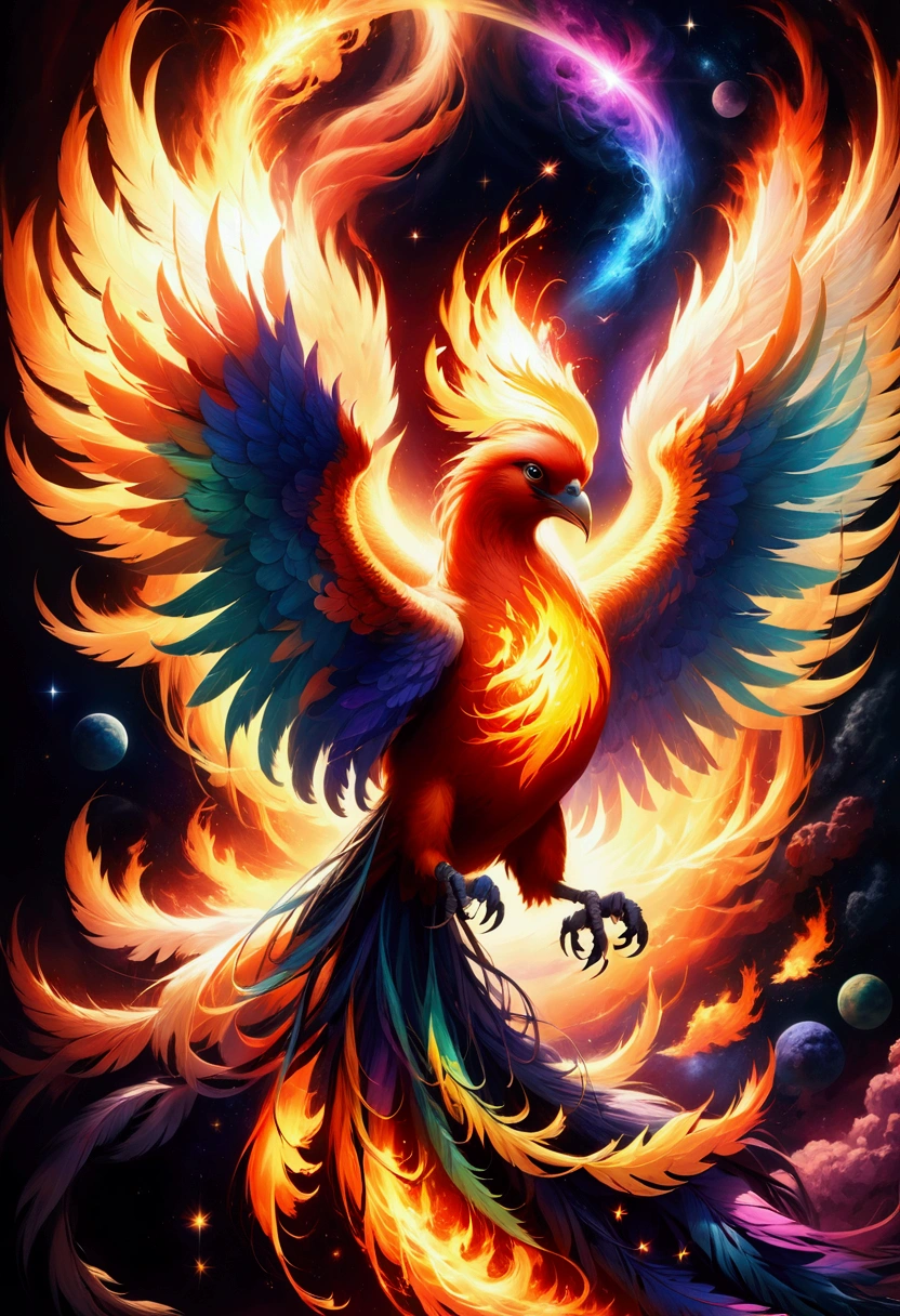 Phoenix, A Phoenix engulfed in cosmic energy floating in space with wings made of multicoloured fire, Epic cinematic brilliant stunning intricate meticulously detailed dramatic atmospheric maximalist digital matte painting, masterpiece, best quality, very aesthetic, absurdres