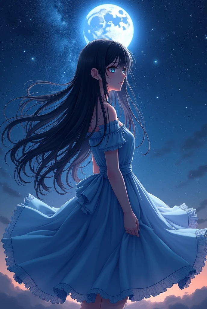 A beautiful anime girl standing under a galaxy night sky, long flowing hair, elegant dress, serene expression, moonlight shining on her face, (best quality,4k,8k,highres,masterpiece:1.2),ultra-detailed,(realistic,photorealistic,photo-realistic:1.37),extremely detailed eyes and face,longeyelashes,1girl,fantasy,night sky,stars,moonlight,detailed background,vibrant colors,cinematic lighting, black hairs