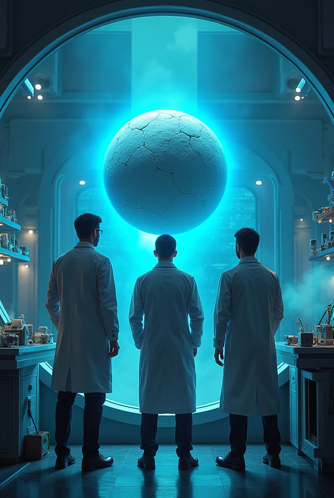 A 3 scientist with a fit body and who is standing with his back turned in a laboratory, looking in amazement at a glass window where there is a round gray ball with many cracks and floating and emanating blue energy.