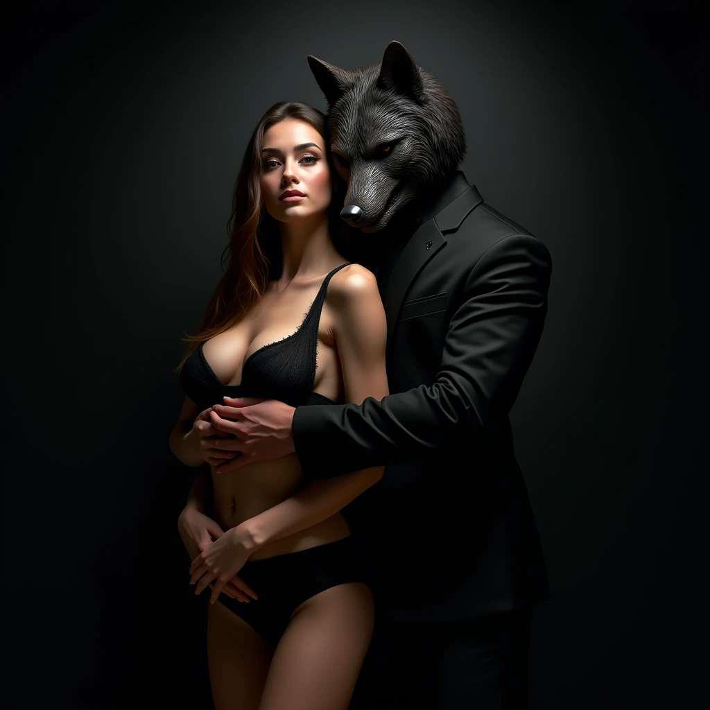 realistic,photorealistic,highly detailed,8k,masterpiece,ultra-detailed,(best quality:1.2),(realistic:1.37),dramatic lighting,studio lighting,chiaroscuro,cinematic,moody,dark,atmospheric,high contrast,dramatic pose,powerful expression,intense gaze,female figure,woman in lingerie,man in black suit,man with wolf mask,embracing,back view of woman,looking at camera,cinematic composition,professional studio setting