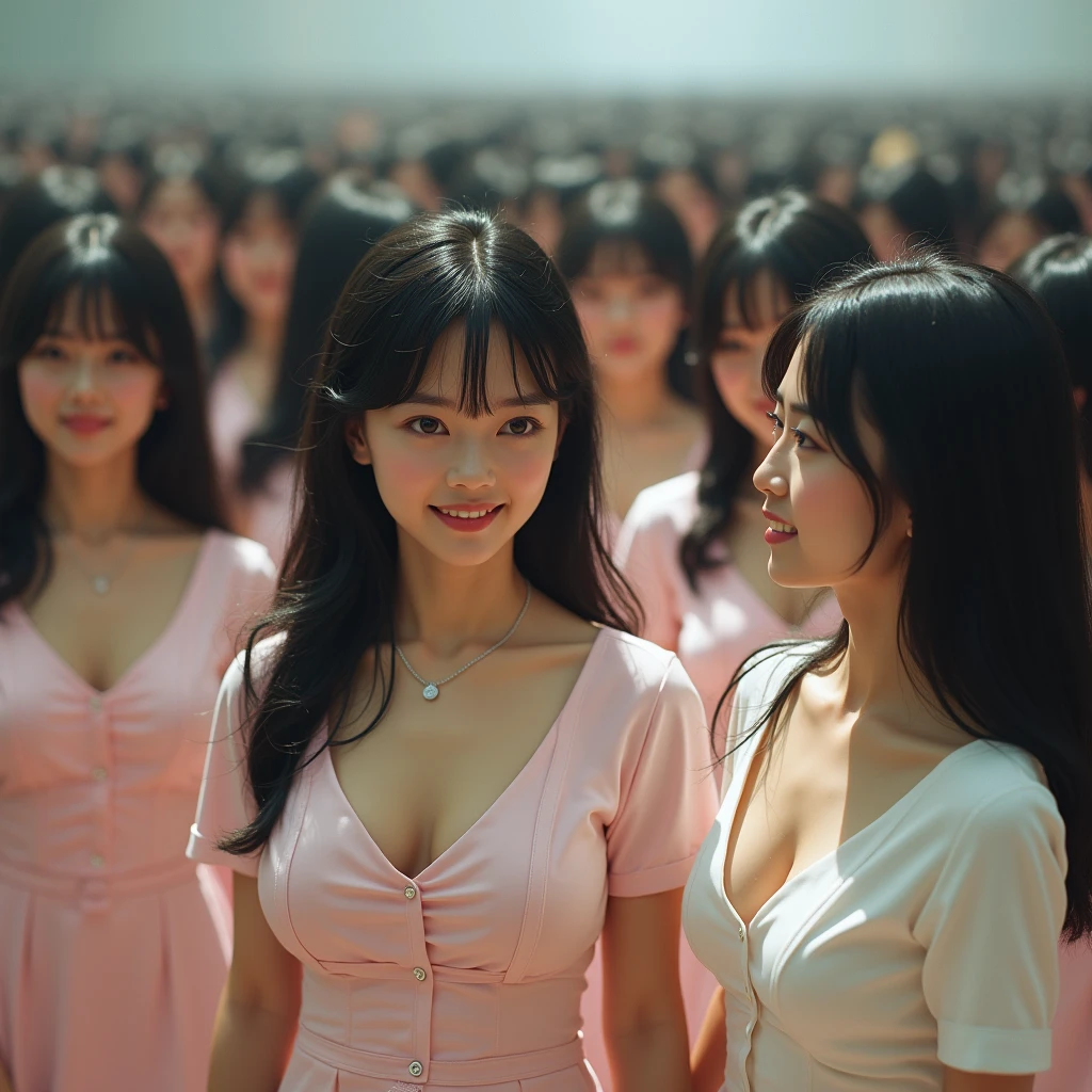 (((((Japanese Clone girls=Myself)))))), (((Best Super High quality Myself Clone girls Raw Photography Art))), (16K, Highest quality, Ultra-high resolution, RAW Photos), (((It&#39;s so unrealistic., With unparalleled depiction, With an unfathomable sight, An unprecedented and shocking worldview, Clone girls in a world of mass reproduction, Ultra-realistic))), (((Japanese, woman, 20yo, Saito-Asuka))), (Small face, ((Thick black hair, Semi-long hair))), ((V-neck short-sleeve dress)), (((((Very detailed美しい女体, Accurate body structure, Very detailed完璧な, Super busty body with very large breasts, Clearly emphasizes cleavage))))), (((Dark Eyes, Mature face, Cute Smile, A gentle gaze))), (((Her happy and smiling expression is so cute))), ((((((((Very detailed分身増殖描写, ((1girl→Myself cloning→1,000,000,000,000,000,000,000,000,000,000,000,000,000,000,000,000,000,000,000,000Myself Clone girls)))))))))), ((((((((Very detailed, The precise depiction of the proliferation of Myself Clone girls, ((With the perfectly identical bodies of Myself clone girls, With the exact same face as the Myself clone girls, With the exact same hairstyle as the Myself clone girls, In the exact same clothes as the girls who are my clones, Perfectly the same height as the Myself clone girls, Super big breasts, just like the Myself clone girls)))))))))), (((Myself clone girls only))), (((Very detailed depiction, (A group of Myself clone girls hugging each other, A large gathering of Myself clone girls, Fun conversations among crowds of Myself clone girls, A fun conversation among a crowd of Myself clone girls, Myself clone girls flirting with each other, Multiple Myself clone girls walking together in a crowd, turn around, The approaching crowd of Myself)))), (((Everyone looks at the camera))), (((Unbelievably crowded, Transcendent Myself clone girls intimately, Countless Myself clone girls surround you in 360 degrees))), (Bright, soft sunlight), (((Very wide field of view, Very detailed, Detailed ultra-perspective depiction with clear depth, super wide view))), (((((The spectacle of a huge crowd of Myself groups numbering in the tens of millions joining together.))))), (((Very photographic and detailed depiction, Myself clone girls will multiply infinitely and fill the surroundings from one side to the horizon with their bodies tightly packed together without any gaps., A scene of endless Myself clone girls, giving a happy vibe.))), (Focus on the average value of the image)