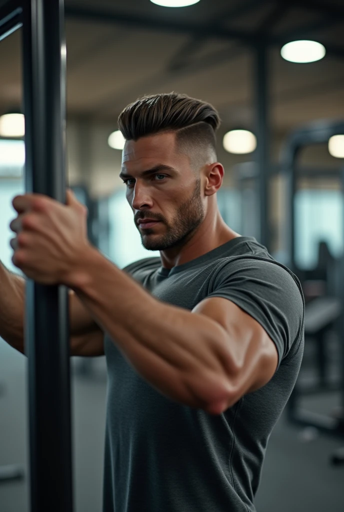 (photorealism:1.2), man in grey shirt, short hair on the side, Long hair, smooth and backwards, with a match in the middle above, doing chest pulley exercise, with downward inclination, in gym, looking forward.