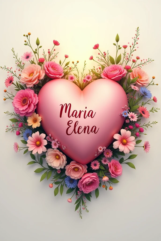 Create a heart decorated with flowers around it with name "Maria Elena" in the center of this.
