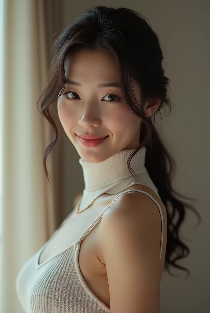 (Highest quality、4K、8k、High resolution、masterpiece:1.2)、Very detailed、(Genuine、Realistic、Realistic:1.3)、japanese women、smile、Large Breasts、backless High neck sleeveless knit dress、side boob、virgin killer sweater