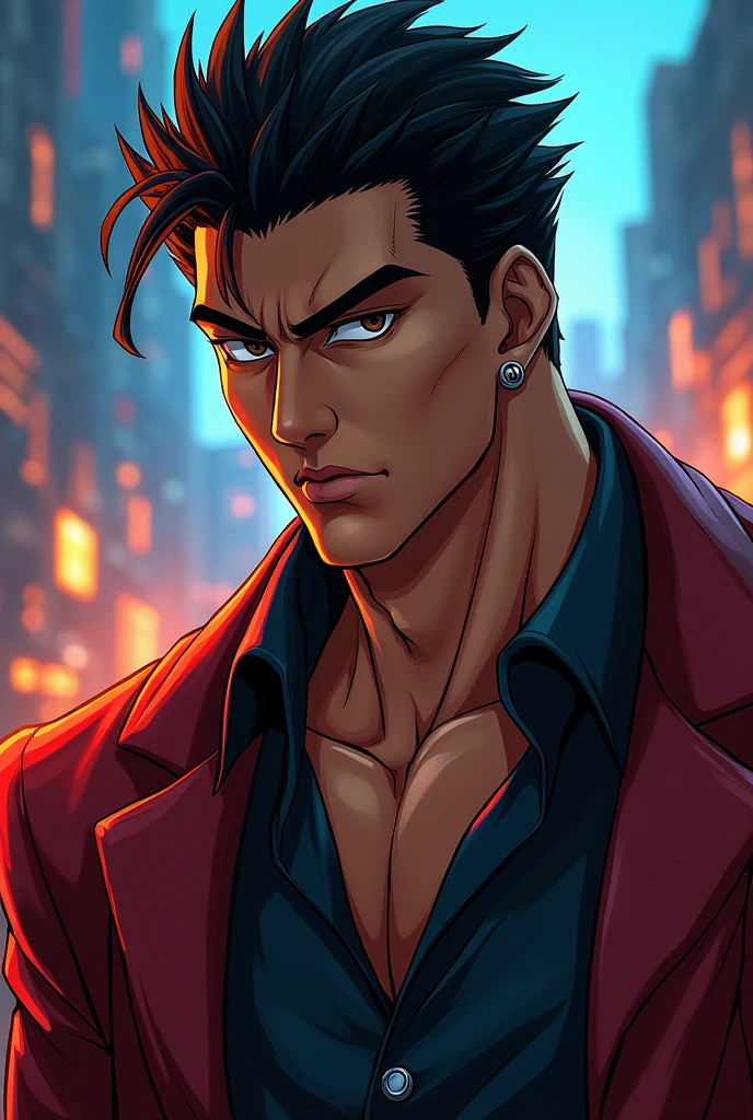A man with warm brown skin, short black hair, thick eyebrows, almond-shaped dark eyes, a straight nose, full lips. He has a strong jawline and a serious, confident expression. jojo's bizarre adventure background effect