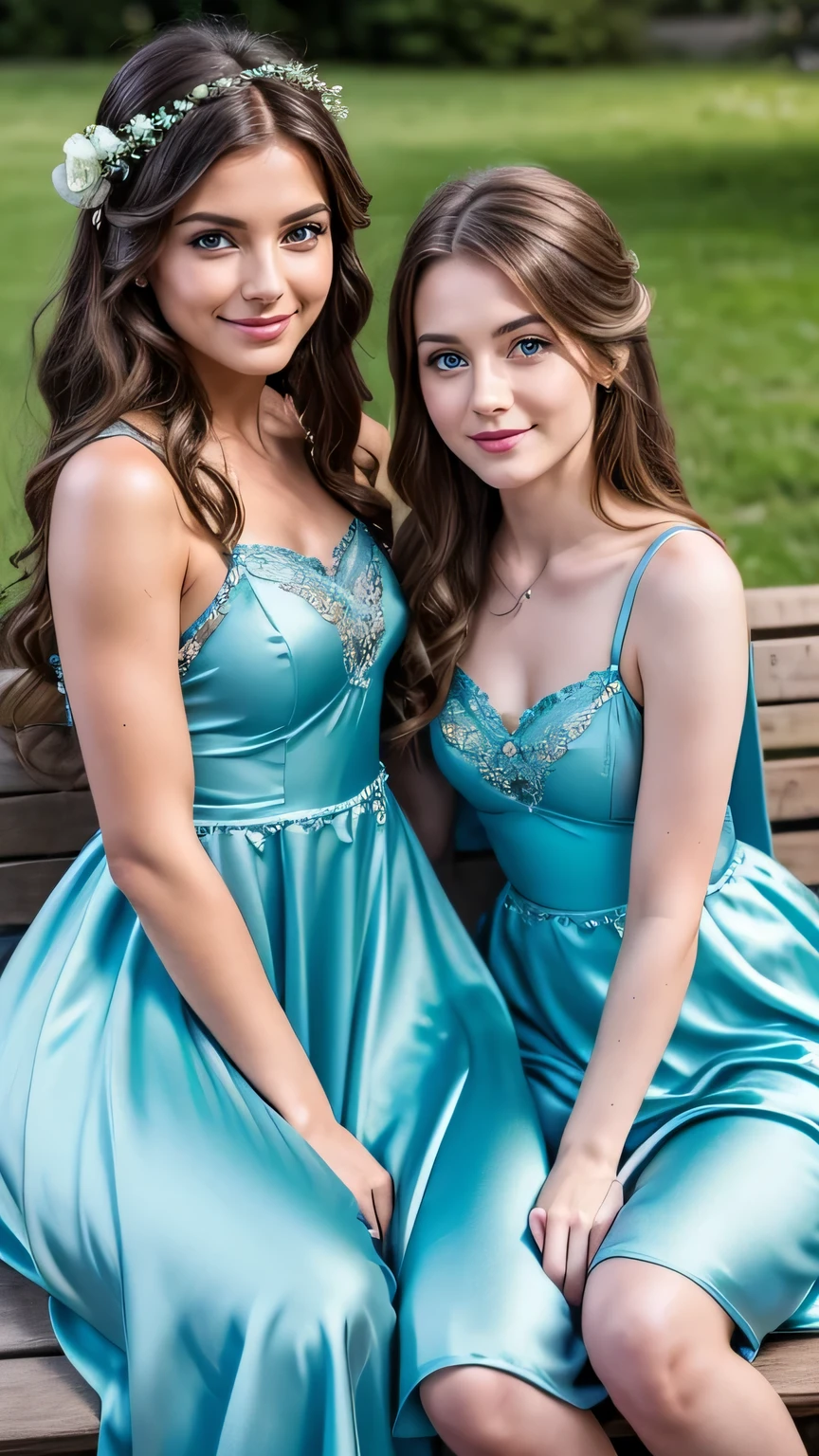 Realistic full body photo of two brunette flower girls with long hair, smile. She dances in front of the camera in a long A-line dress with straps made of shiny blue satin., Park,glamour fotoshooting, Wedding celebration, perfect anatomy, perfect green eyes. Perfect hands with 5 fingers on each hand, Matching girl, look into the camera, 1 Frau. (Eye make up:1.1), (highly detailed skin:1.1), spirit, analog style, keen focus, 8K  UHD, dslr, good quality, Fujifilm XT3, Grain, Award-winning, ​masterpiece. Wedding celebration. The two flower girls sit on a bench and show their beautiful long dresses and flowers. Beautiful shoes