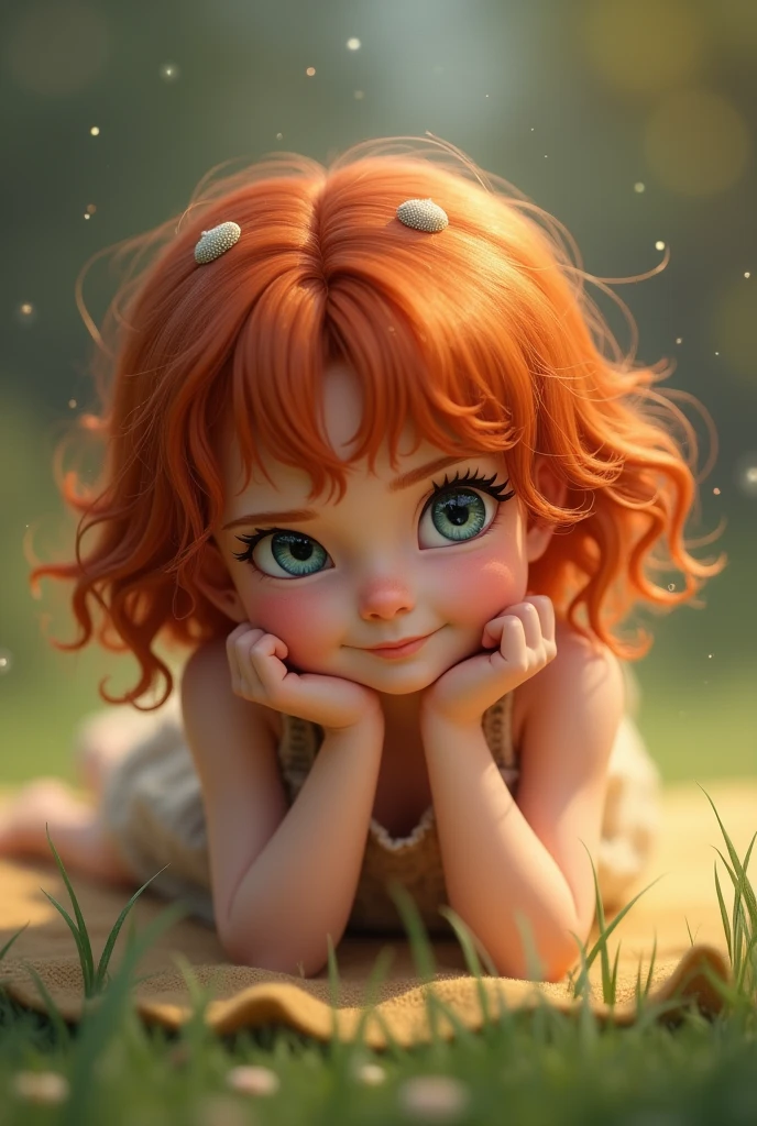 transform her into a child sitting on her stomach with red hair