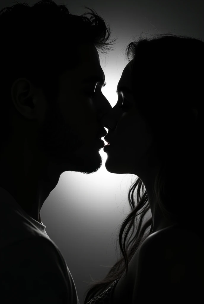imagine: a kiss between a man and a woman, lips that come closer, light and dark image, focused on the lips, close up, black and white image backlighting
