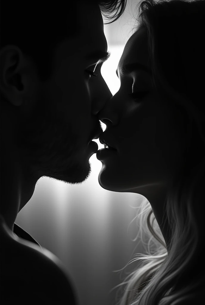 imagine: a kiss between a man and a woman, lips that come closer, light and dark image, focused on the lips, close up, black and white image backlighting