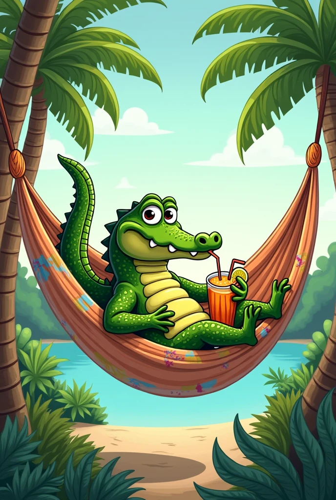alligator sleeping in hammock, cartoon image