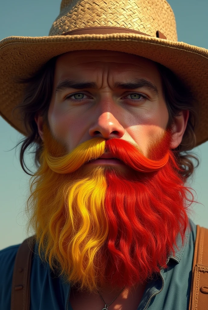 A man with a beard divided into yellow and red with a straw hat