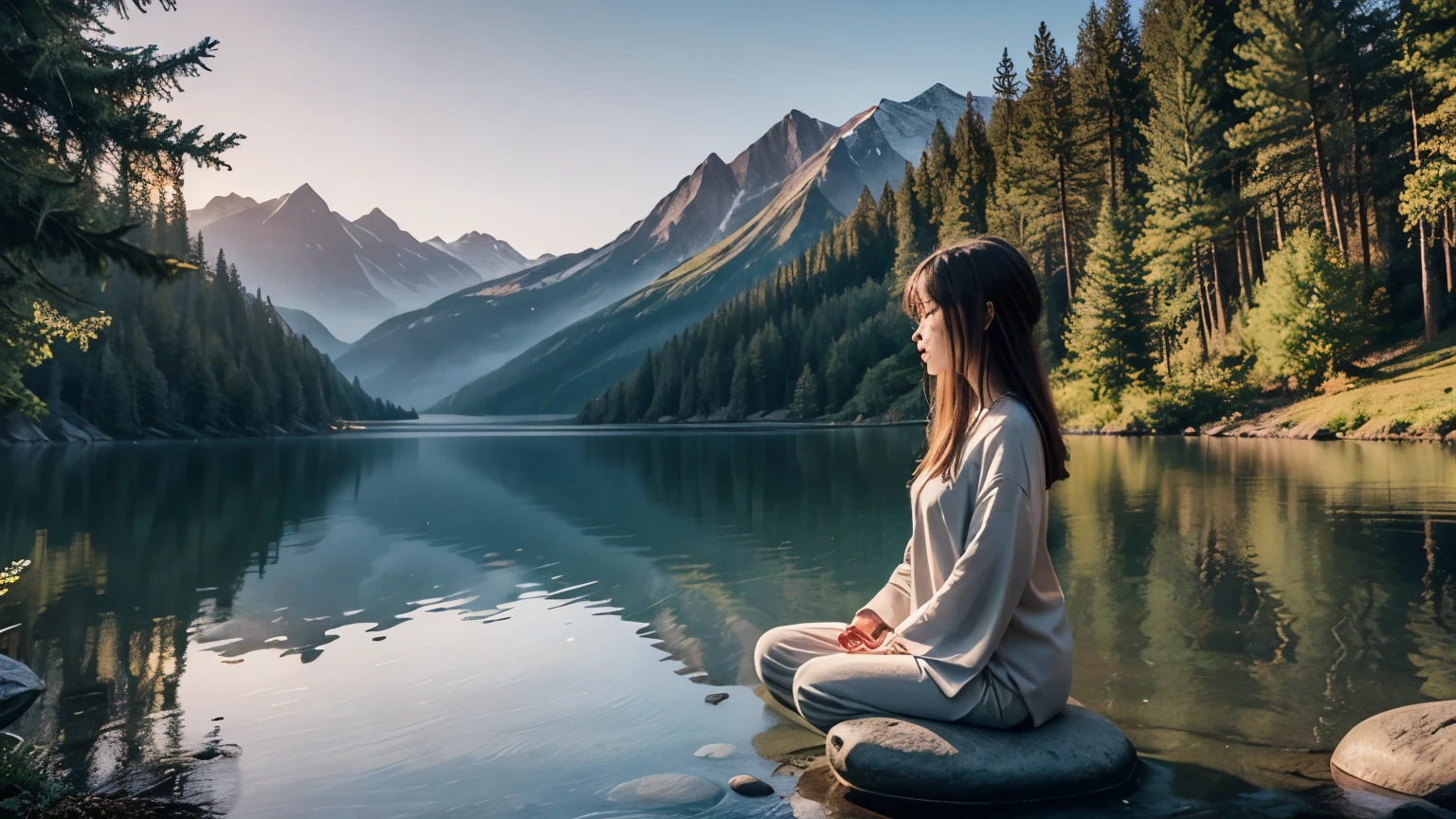 Generate an image of a peaceful and serene landscape where a woman meditates and listens to relaxing music.