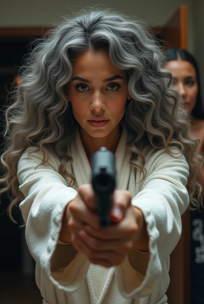 A beautiful youthful looking Filipino version of Ariana Grande as a 50 years old woman with long curly completely gray hair as the superhero Daisy Johnson from Agents of S.H.I.E.L.D wearing a bathrobe hold a gun in her hands pointing a gun at another woman who is her age and her gray hair protect a young man who is her boyfriend he is behind her
