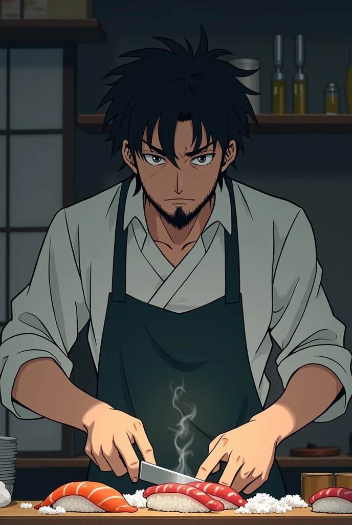 Anime of a dark-haired sushi chef with a beard and short hair working with a knife, tired of life and work, discovers magic