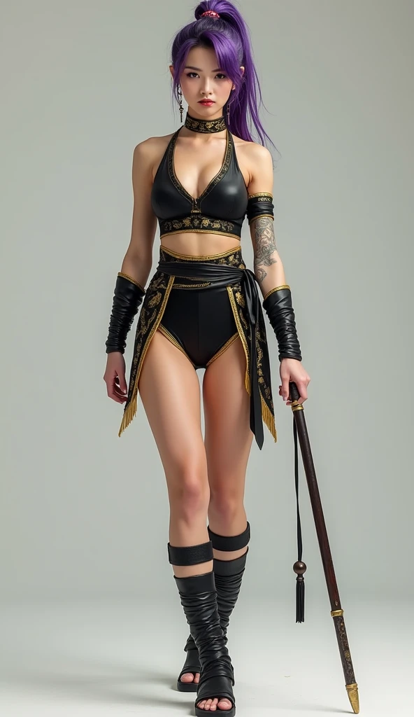 Super realistic, High Detail Face, Clean and delicate face, wide shot, 1 lady, whole body, Asymmetric, standing split, Holding Long stick with both hands Anatomically correctly, Purple ponytail, parted bangs, Tattoo on arm, wearing a Black and gold mini Kung Fu costume, sleeveless, Thighs, Leather bandages wrapped around the shins, Black Sandals, glaring at the viewer, simple color background