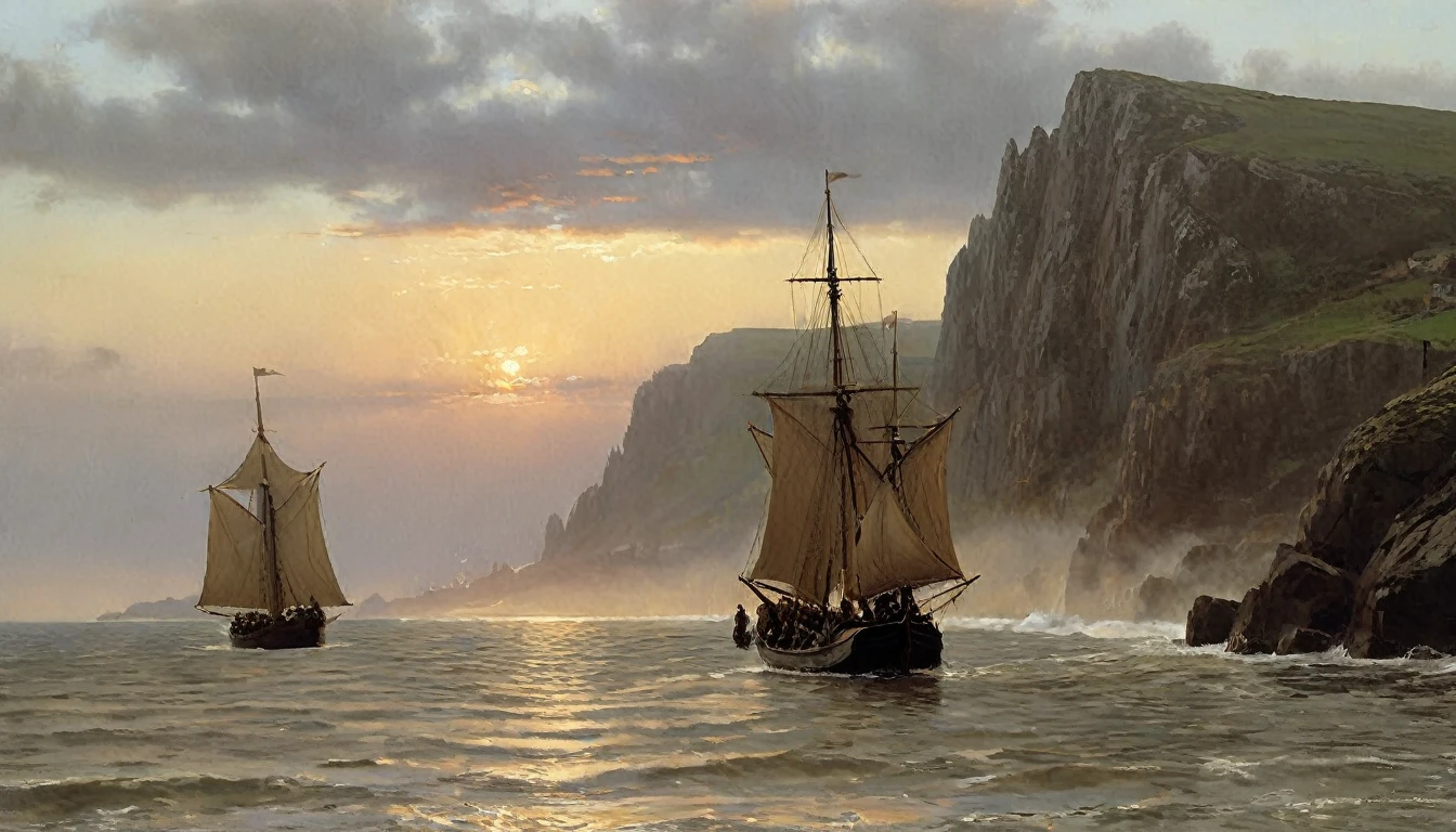 A scene of a medieval ship anchored near a rocky coast, illustrated in the style of Edmund Blair Leighton. The ship, with its tall masts and billowing sails, is meticulously detailed, featuring wooden planks and intricate carvings typical of the medieval period. The rocky coast is rugged and dramatic, with large boulders and cliffs partially submerged in the churning sea. The sky above is painted in soft hues of dawn or dusk, with warm golden light illuminating the scene, creating a serene yet adventurous atmosphere. The composition reflects the romantic and historical aesthetic of Edmund Blair Leighton's works, focusing on the harmony between the ship and the natural landscape., Surrealism, Hyperrealism, UHD, masterpiece, accurate, anatomically correct, textured skin, super detail, award winning, 16k