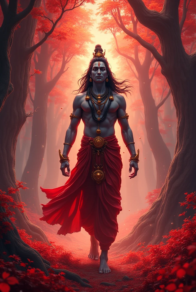 Generate a wallpaper image which has red forest and lord shiva celebreating victory in the centre