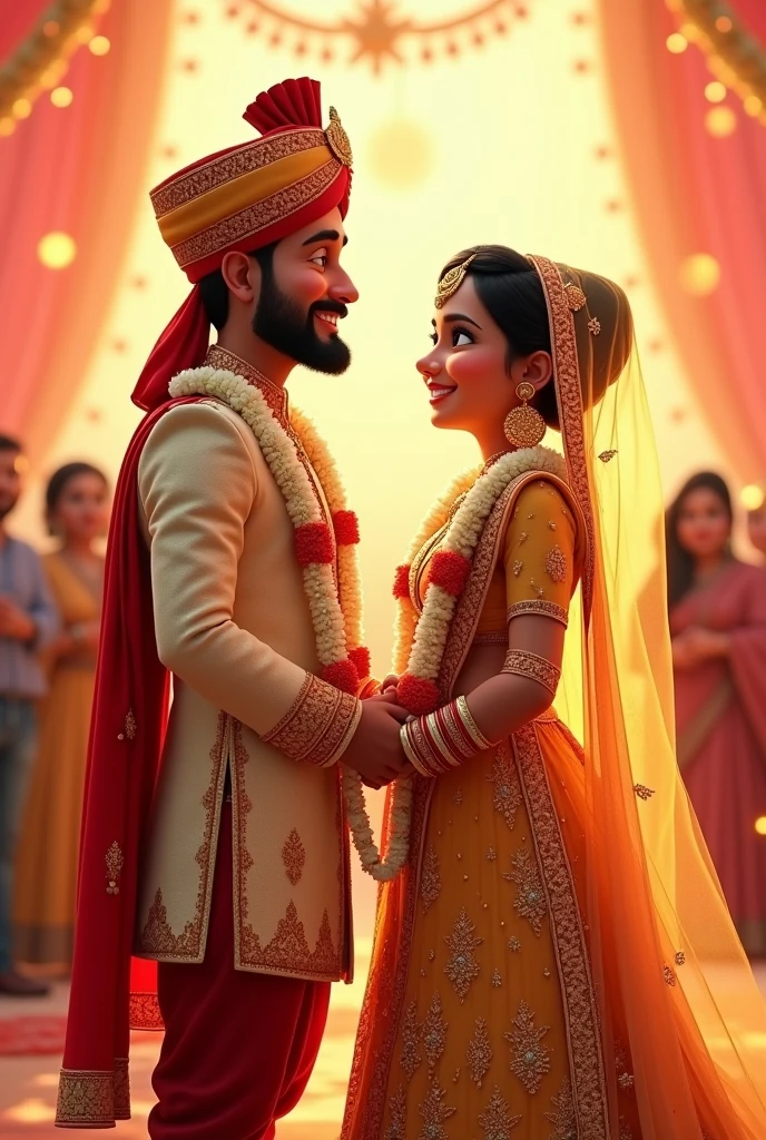 Create a Pixar image of a couple in wedding girl is wearing a golden Lehenga with heavy jewellery. Nose ring and viel on head. Has red lipstick Groom is wearing a heavy Sherwani and turban, both are holding hands both have white garland. Both are very very happy and in love, groom has a slight beard and young looking. Bride has a dimple and is slightly chubby they are celebrating. They are very happy.