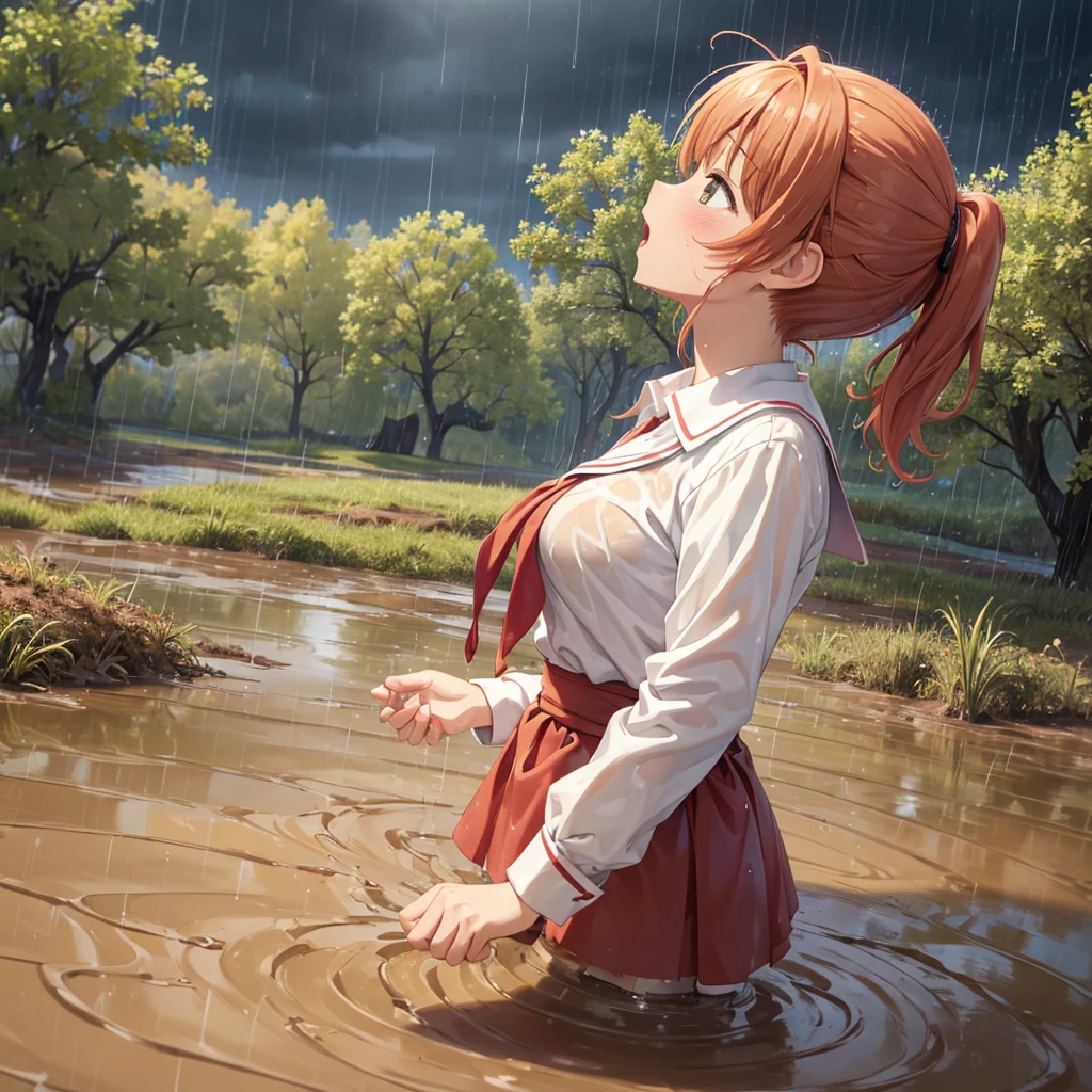 masterpiece, best quality, highres, solo:2, blush, anime CG style, good lighting, swamp, bog, (waist deep in quicksand:1.5), kinomoto sakura, aichan, mikuru1, breasts, (catholic school uniform), white shirt, (red plaid skirt:0.7), ginger girl, red ponytail hair, covered in mud, bog, grass, trees, (orgasm:1.5), (looking up:1.4), beautiful detailed eyes, (from the side:1.5), (rainy weather:1.4)