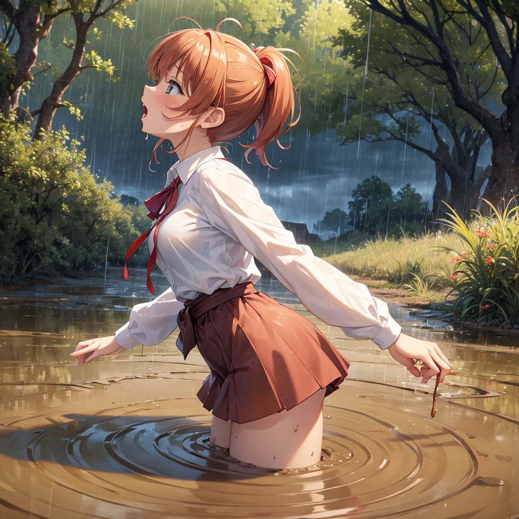 masterpiece, best quality, highres, solo:2, blush, anime CG style, good lighting, swamp, bog, (waist deep in quicksand:1.5), kinomoto sakura, aichan, mikuru1, breasts, (catholic school uniform), white shirt, (red plaid skirt:0.7), ginger girl, red ponytail hair, covered in mud, bog, grass, trees, (orgasm:1.5), (looking up:1.4), beautiful detailed eyes, (from the side:1.5), (rainy weather:1.4)