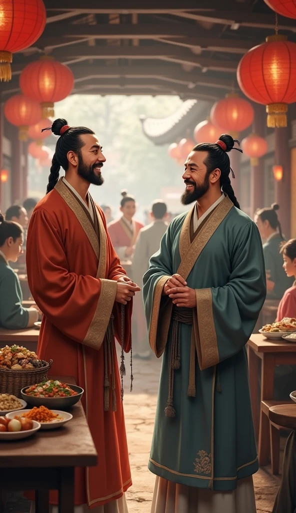 Two middle-aged Chinese men from the Han Dynasty, dressed in traditional 2nd-century attire, are having a joyful conversation in a lively eatery. Their clothing is typical of the Han Dynasty, with flowing robes and simple yet elegant designs. The setting is a rustic, traditional restaurant with wooden tables and benches, where various dishes are served. The men are smiling and laughing, clearly enjoying each other's company, while the background shows other patrons and the warm, welcoming atmosphere of the eatery