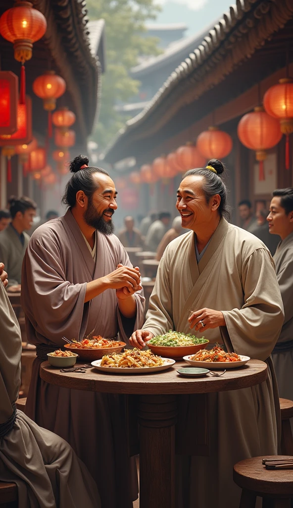 Two middle-aged Chinese men from the Han Dynasty, dressed in traditional 2nd-century attire, are having a joyful conversation in a lively eatery. Their clothing is typical of the Han Dynasty, with flowing robes and simple yet elegant designs. The setting is a rustic, traditional restaurant with wooden tables and benches, where various dishes are served. The men are smiling and laughing, clearly enjoying each other's company, while the background shows other patrons and the warm, welcoming atmosphere of the eatery