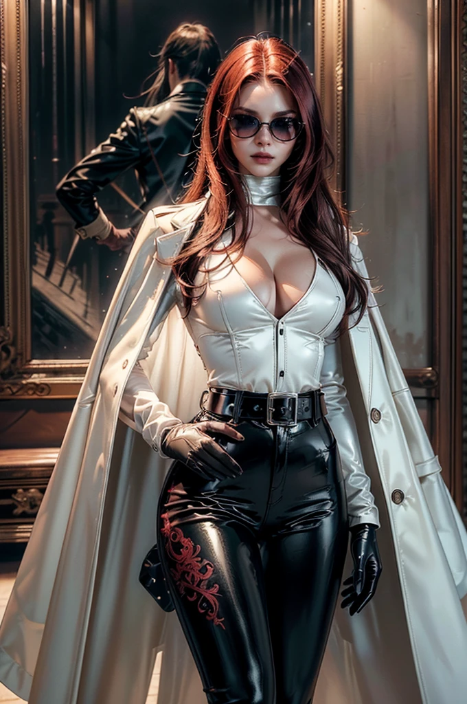 [cowboy shot], a beautiful young woman with long red hair, slim body, thin waist, narrow hips, detailed facial features, ((wearing high quality high waist black leather pants)), ((a formal white colored silk shirt with cleavage and long sleeves)), ((a white fur coat on shoulders)), ((red lining)), ((double luxury waist belt)), ((slightly red tinted glasses)), ((black latex gloves)), ((expensive reflective silk scarf)), holding a handbag, hand on waist, (best quality,4k,8k,highres,masterpiece:1.2),ultra-detailed,(realistic,photorealistic,photo-realistic:1.37),high fashion,editorial,dramatic lighting,cinematic,vivid colors,intricate details, glamorous