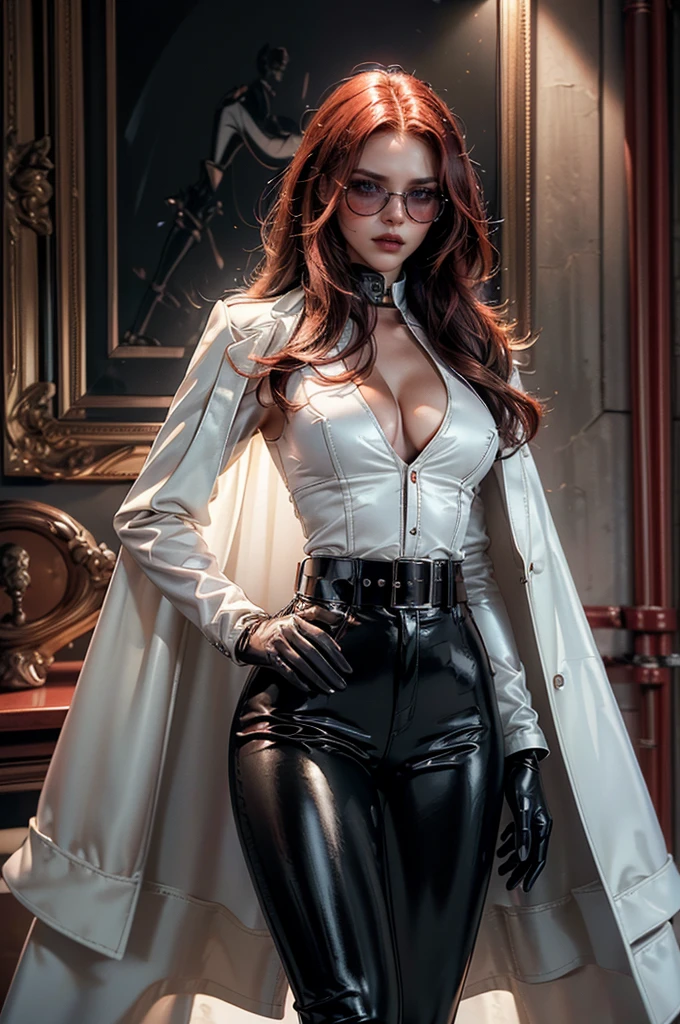 [cowboy shot], a beautiful young woman with long red hair, slim body, thin waist, narrow hips, detailed facial features, ((wearing high quality high waist black leather pants)), ((a formal white colored silk shirt with cleavage and long sleeves)), ((a white fur coat on shoulders)), ((red lining)), ((double luxury waist belt)), ((slightly red tinted glasses)), ((black latex gloves)), ((expensive reflective silk scarf)), holding a handbag, hand on waist, (best quality,4k,8k,highres,masterpiece:1.2),ultra-detailed,(realistic,photorealistic,photo-realistic:1.37),high fashion,editorial,dramatic lighting,cinematic,vivid colors,intricate details, glamorous