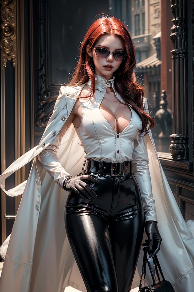 [cowboy shot], a beautiful young woman with long red hair, slim body, thin waist, narrow hips, detailed facial features, ((wearing high quality high waist black leather pants)), ((a formal white colored silk shirt with cleavage and long sleeves)), ((a white fur coat on shoulders)), ((red lining)), ((double luxury waist belt)), ((slightly red tinted glasses)), ((black latex gloves)), ((expensive reflective silk scarf)), holding a handbag, hand on waist, (best quality,4k,8k,highres,masterpiece:1.2),ultra-detailed,(realistic,photorealistic,photo-realistic:1.37),high fashion,editorial,dramatic lighting,cinematic,vivid colors,intricate details, glamorous