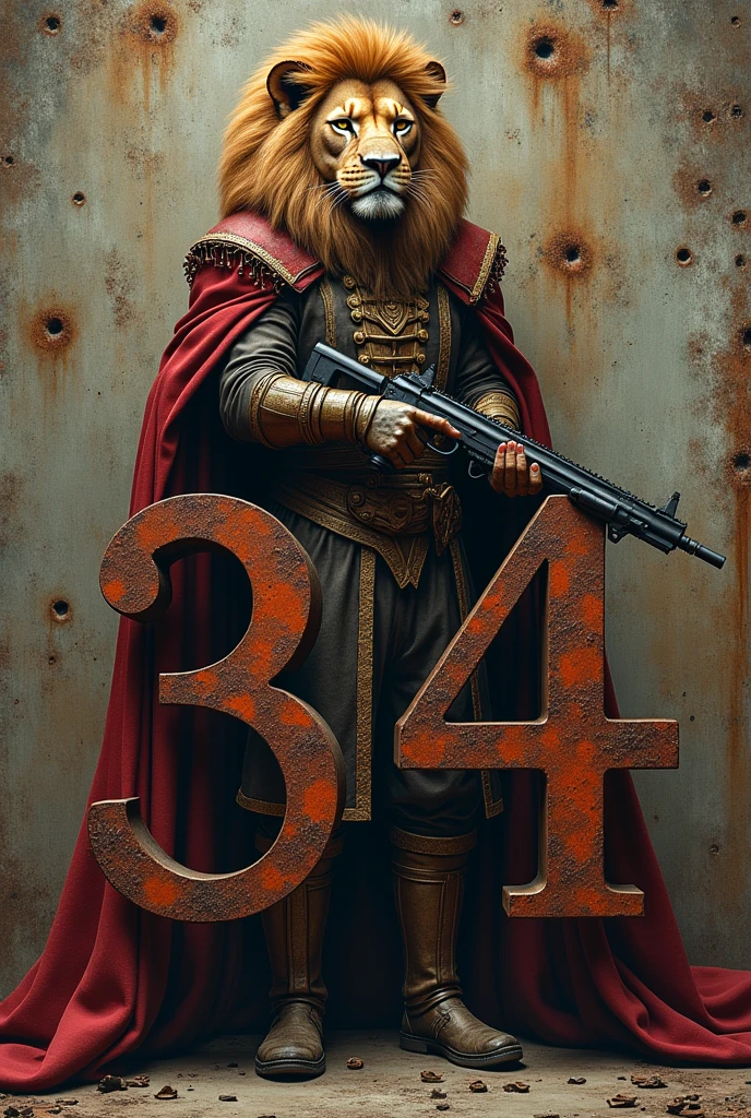 the letters S34 in rusty iron and bullet holes behind a lion dressed as a baroque assin with a gun and a war background.