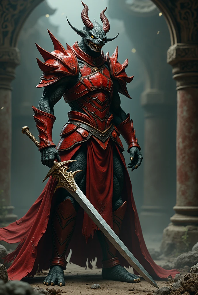 Yuan ti wearing red armor holding sword paladin oathbreaker yellow eyes sharp teeth 
