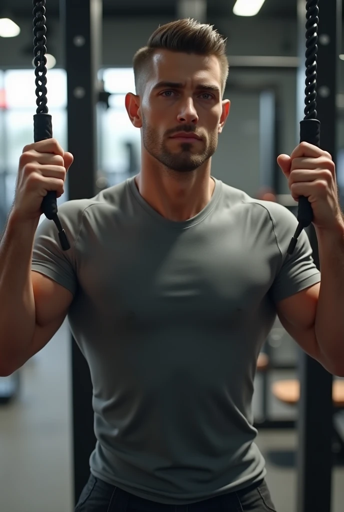 (photorealism:1.2), man in grey shirt, short hair on the side, Long hair, smooth and backwards, with a match in the middle above, doing chest pulley exercise, with downward inclination, in gym, looking forward.