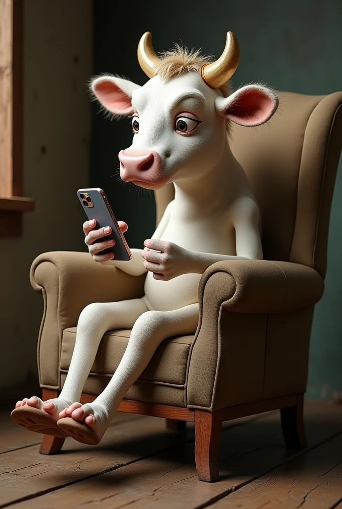 A cow sitting like a human on an old chair with a phone in her hand and looking at him 