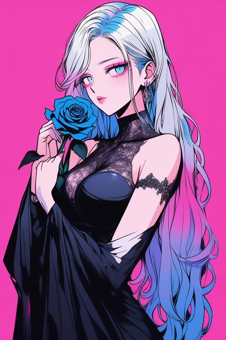 Illustrator, anime , Realistic ,sketch , 1 person, model, Age 25, lip, Sexy and revealing black and silver sheer priest dress, order, Pink and blue gradient background, Neon Hair, Big Breasts, Her cleavage is visible, look back, Upper body holding a black rose in hand, Sexy look, Texture Trim, Russia, (masterpiece,Highest quality)