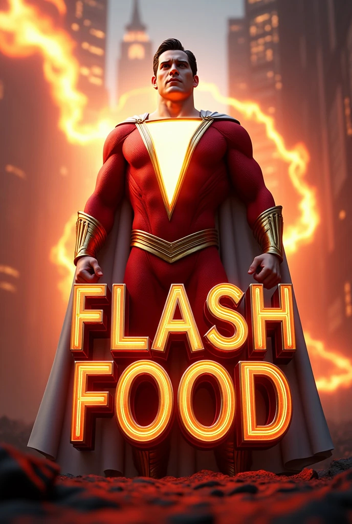 Sazam symbol background and 3d text "FLASH FOOD" at front all letters in capital form