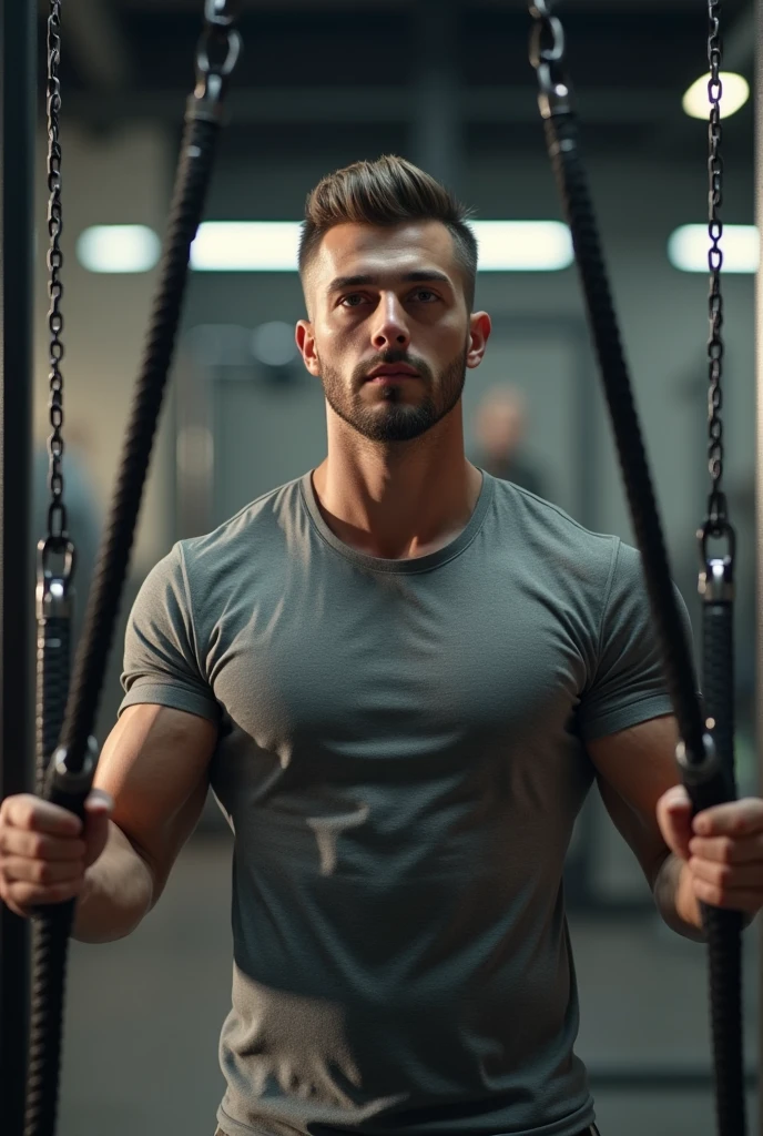(photorealism:1.2), man in grey shirt, short hair on the side, Long hair, smooth and backwards, with a match in the middle above, doing chest pulley exercise, with downward inclination, in gym, looking forward.
