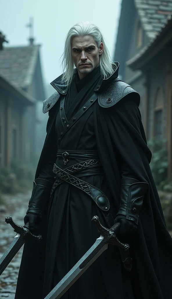 White haired warlock, blonde long hair, completely black eyes. Dark expression . Two magical swords on the left .in a medieval village , gloomy weather 