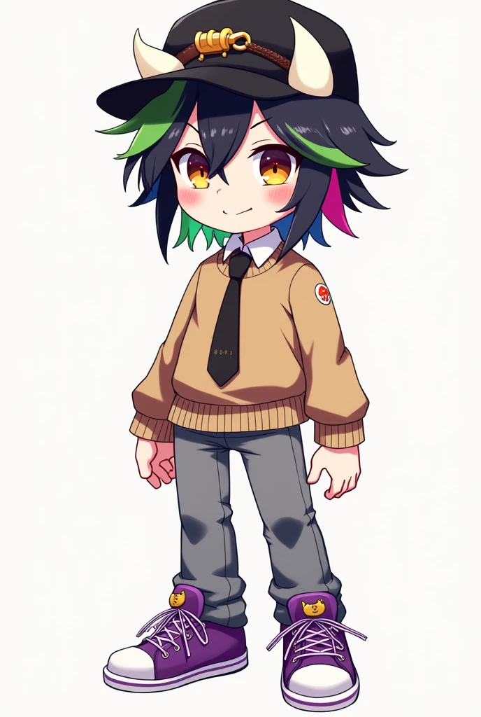 Tall anime style boy with messy black hair with colored streaks of green, yellow, pink, blue, orange wearing a sweater with a black tie, light pink cheeks, almost orange yellow eyes, gray pants with purple strings, and purple tennis-style shoes with pale white skin color with white horns on the inside, gold, with a Roblox cap, a black cap that has a silver chili pepper chain and a leather rope.