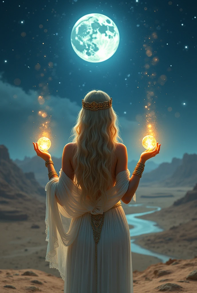 A woman with blond hair from behind with two ceistal balls, one in each hand, in the desert full of stars in the sky and a full moon and a river, with bracelets on her arms and a traditional Egyptian dress and a crown on her head.