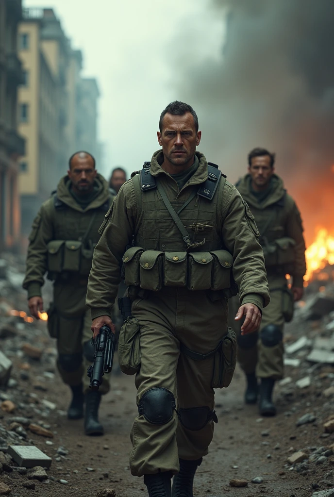 a group of 4 soldiers exiting a burning city, detailed military uniforms, smoke, flames, face zoom, without blur, rubble, apocalyptic, dystopian, dramatic lighting, gritty, cinematic, muted color palette, (best quality,4k,8k,highres,masterpiece:1.2),ultra-detailed,(realistic,photorealistic,photo-realistic:1.37)