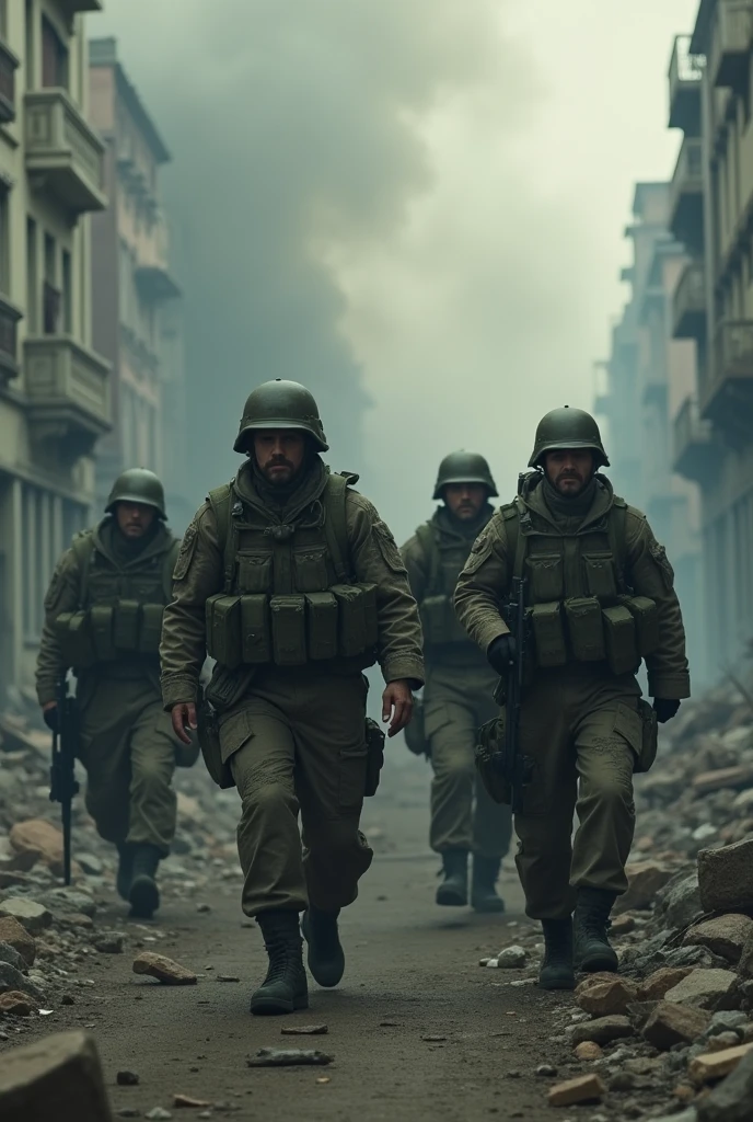 a group of 4 soldiers exiting a burning city, detailed military uniforms, smoke, flames, face zoom, without blur, rubble, apocalyptic, dystopian, dramatic lighting, gritty, cinematic, muted color palette, (best quality,4k,8k,highres,masterpiece:1.2),ultra-detailed,(realistic,photorealistic,photo-realistic:1.37)