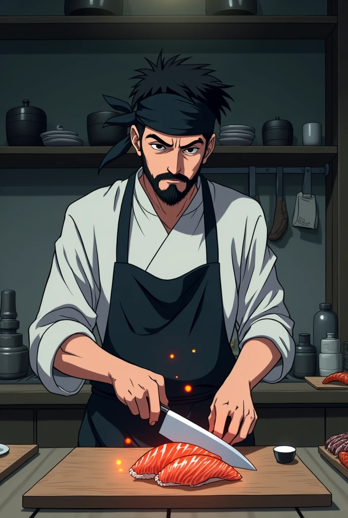Anime of a dark-haired sushi chef with a beard and short hair wearing a black bandana working with a knife, tired of life and work, discovers magic