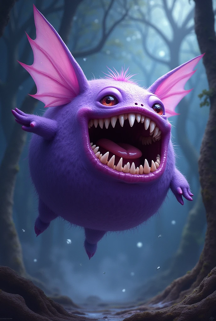 Tooth Fairy by Phobies is a purple winged meatball with no eyes full of teeth all over her body with a big smile and no limbs.