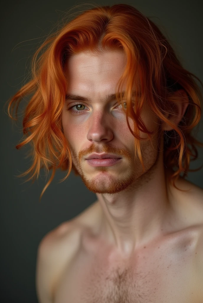 a red-haired man with his hair parted in the middle, with penis to show