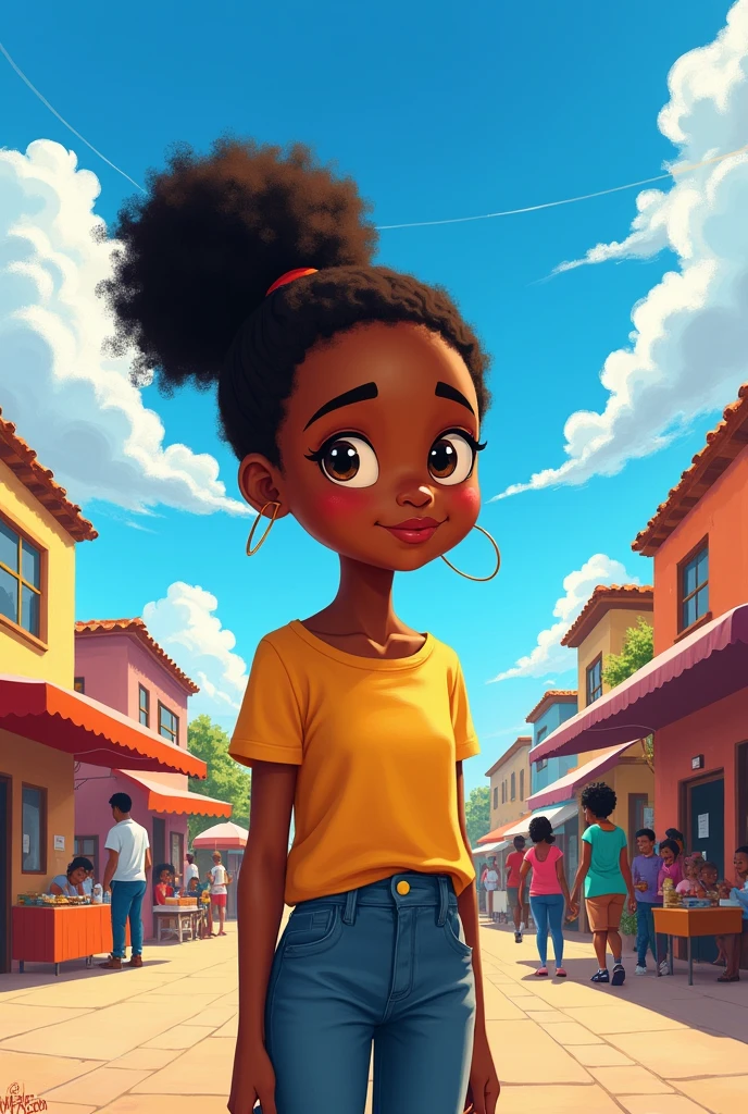 Bella's Voice
Page 1:
What do you use your voice for? Did you hear about the girl who changed everything with her voice?

Illustration 1 Description: Bella, an African American  with an afro puff ponytail, stands in a vibrant town square. She looks at the reader with a curious and inviting expression. The town square is lively, filled with colorful buildings, bustling market stalls, and diverse people. The sky is clear and blue, with fluffy white clouds.

