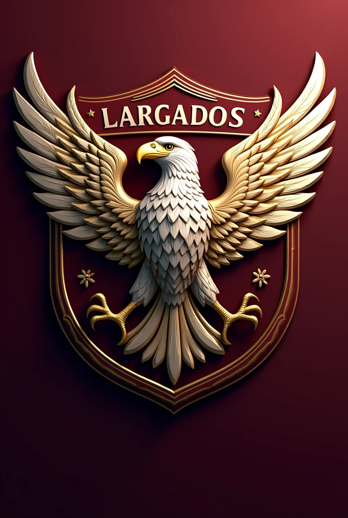 emblem of a football team with wine colors,gold and white with the name on the LARGADOS FC emblem