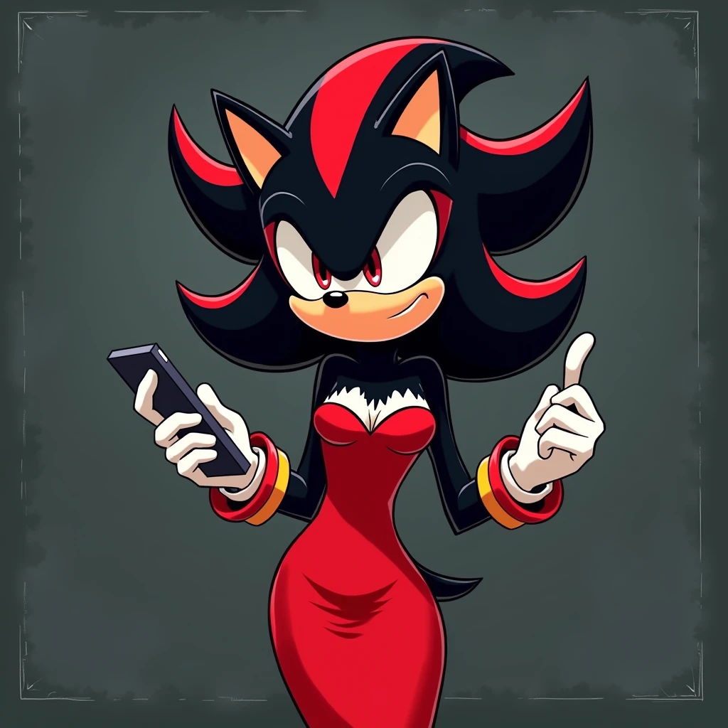 Sonic the Hedgehog Style Image, Shadow the Hedgehog feminina, All black body, chalkboard, wearing a red sheath dress with a sweetheart neckline and using her cell phone, With Boredom Humor, inside a house