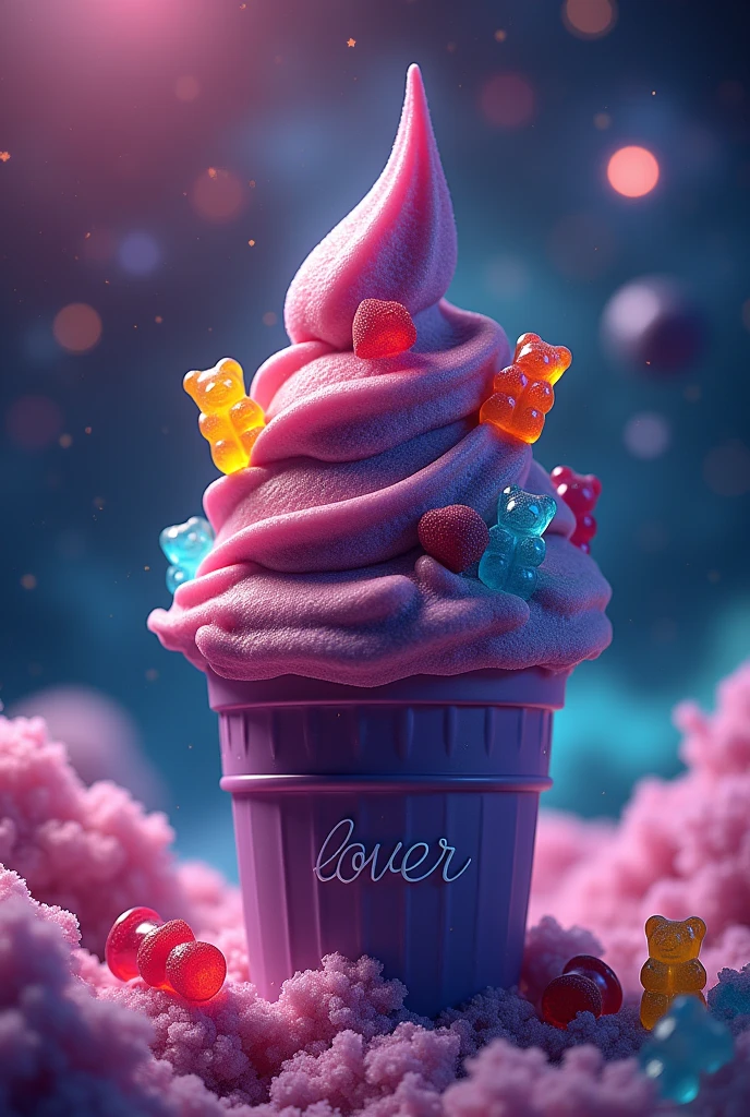 A photorealistic image of a purple and black ice cream with colorful gummy bears, with a colorful universe background. At the bottom the word LOVER
