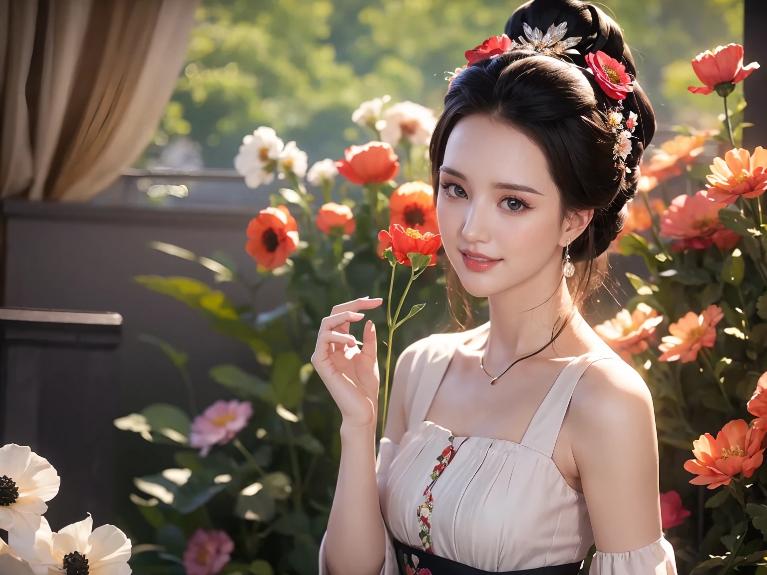 (pixarstyle: 1.25) portrait of a , Natalie Portman, smiles, waist length with flower basket overgrown with poppy flower, natural skin texture, 4k textures, hdr, complex, highly detailed, sharp focus, cinematic look, hyper-detailed